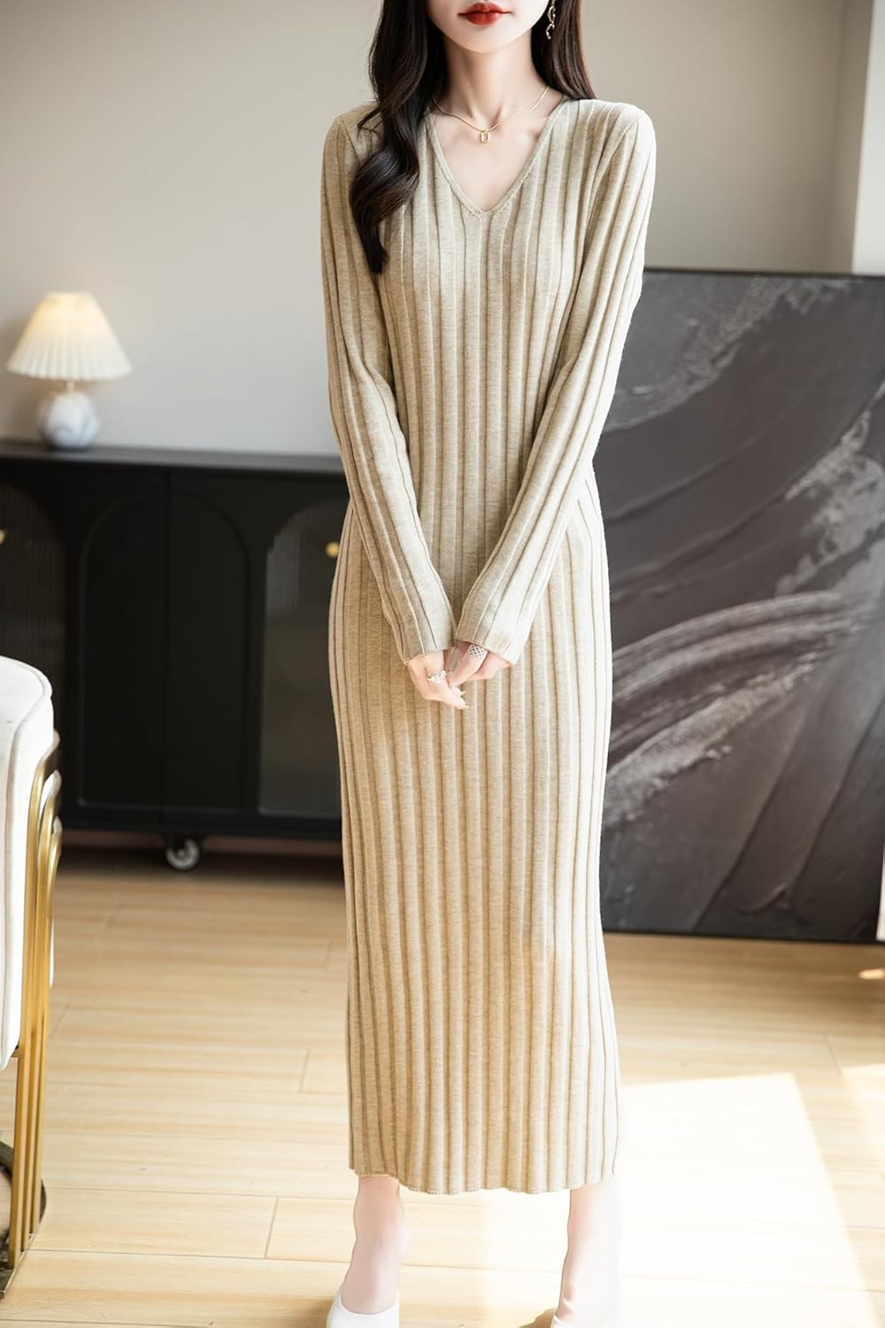 Women's Merino Wool Blend Sweater Dress 2025 Fall Winter V-Neck Long Sleeve Ribbed Cocktail Bodycon Knit Maxi Dress