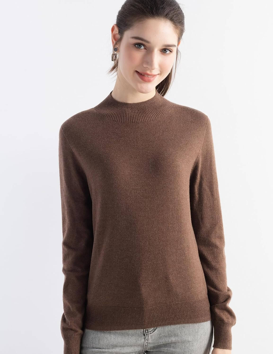Merino Wool Blend Mock Neck Seamless Knit Sweater