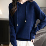 Women's Merino Wool Hoodies 2025 Fall Winter Casual Crewneck Sweatshirt Long Sleeve Knitted Sweater with Drawstring