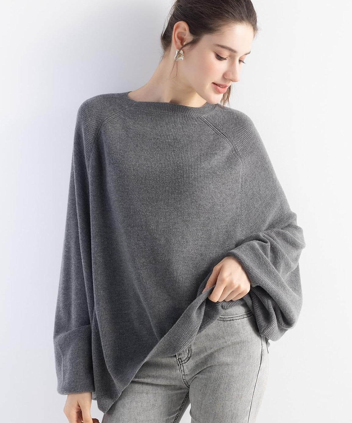 Merino Wool Blend Oversized Crewneck Batwing Sweater