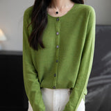 Women's Merino Wool Cardigan Crew Neck Fall Winter Long Sleeve First-Line Ready to Wear Seamless Knit Cardigan