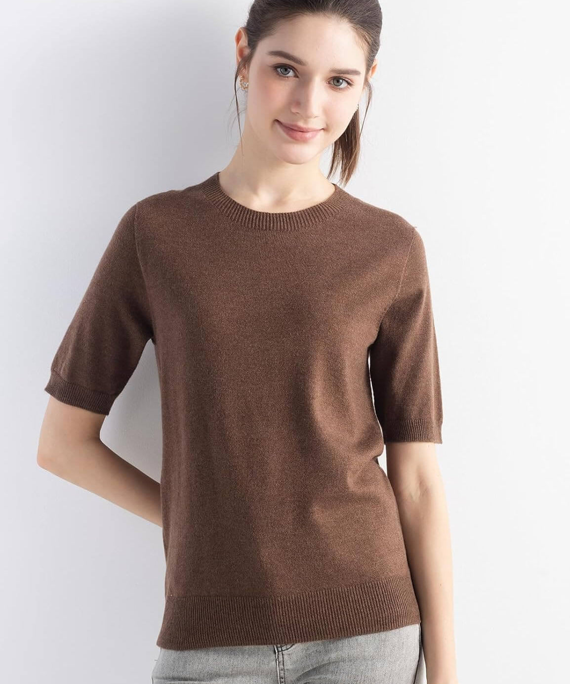 Merino Wool Crew Neck Short Sleeve Seamless Knit Sweater