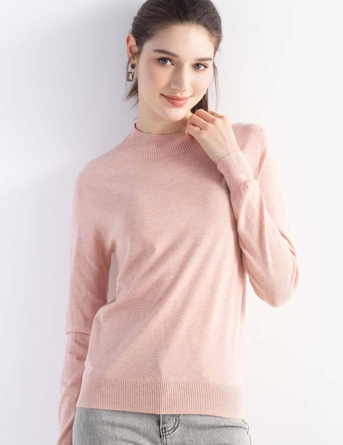 Merino Wool Blend Mock Neck Seamless Knit Sweater