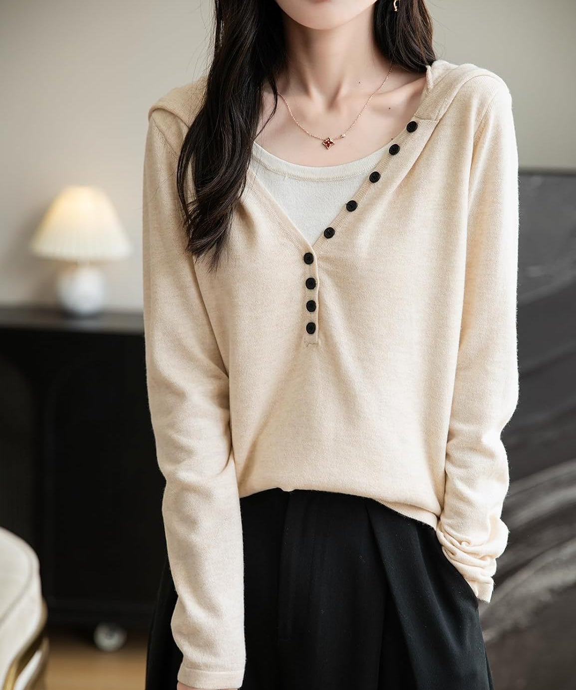 Merino Wool Blend Color Block Fake Two-Piece Knit Hoodie