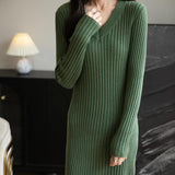 Women's Merino Wool Blend Sweater Dress Fashion 2025 Fall Winter Sexy V-Neck Slim Fit Long Sleeve Ribbed Knit Dress