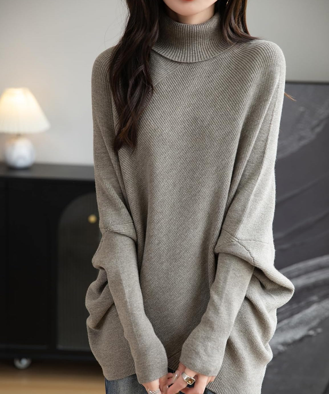 Merino Wool Blend Oversized Turtleneck Sweater