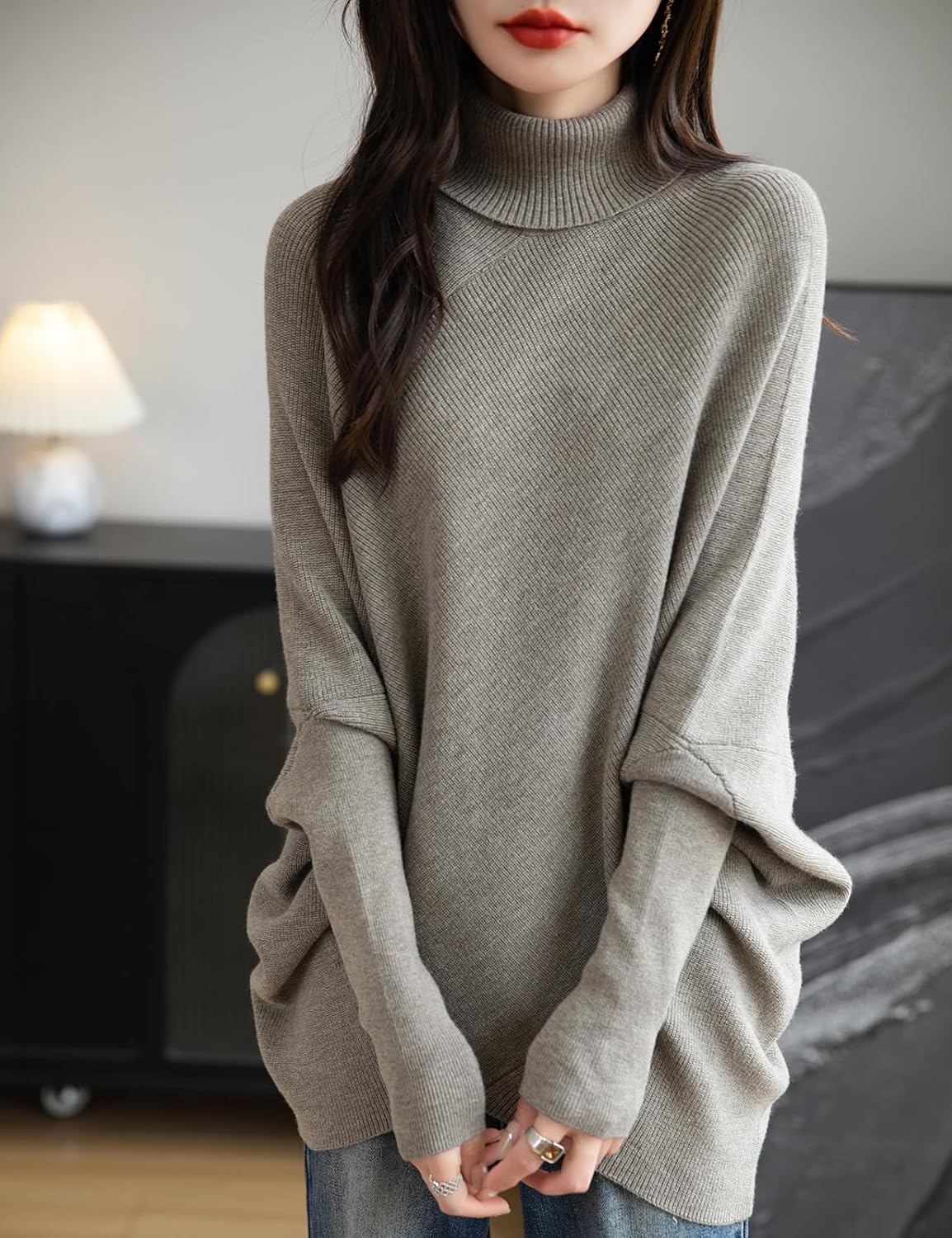 Women's Merino Wool Blend Oversized Sweater 2025 Fall Winter Trendy Turtleneck Batwing Sleeve Knit Pullover Sweater
