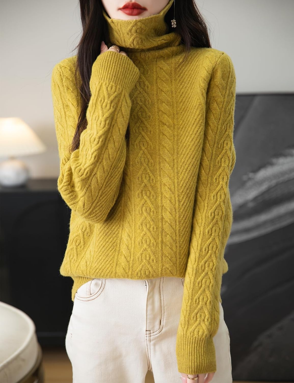 Pull torsadé à col roulé 100 % laine mérinos