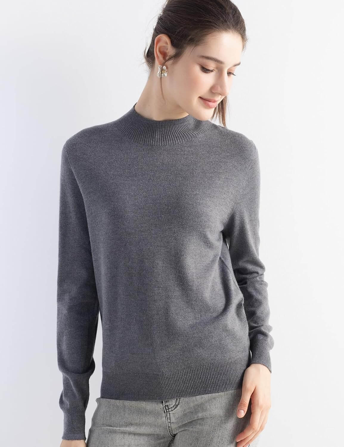 Merino Wool Blend Mock Neck Seamless Knit Sweater