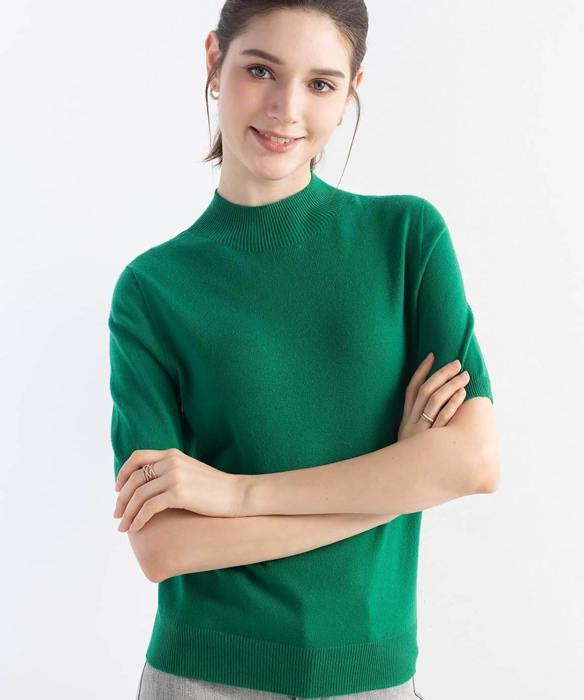 Merino Wool Mock Neck Short Sleeve Seamless Knit Sweater