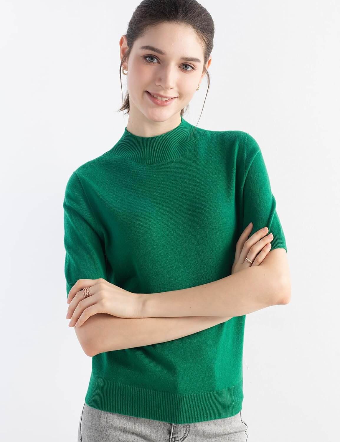 Merino Wool Blend Mock Neck Short Sleeve Seamless Knit Sweater