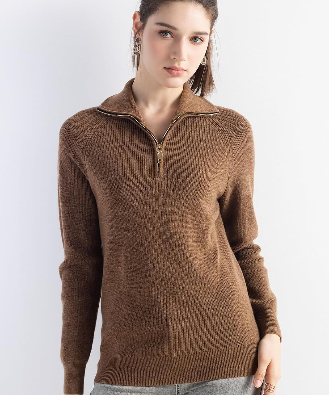 Merino Wool Polo V-Neck 1/4 Zipper Knit Sweater