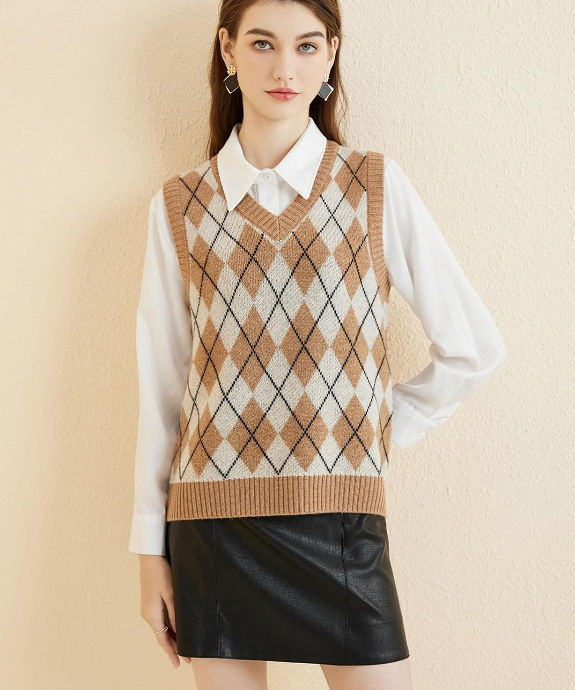 100% Merino Wool Diamond Lattice V-Neck Sweater Vest