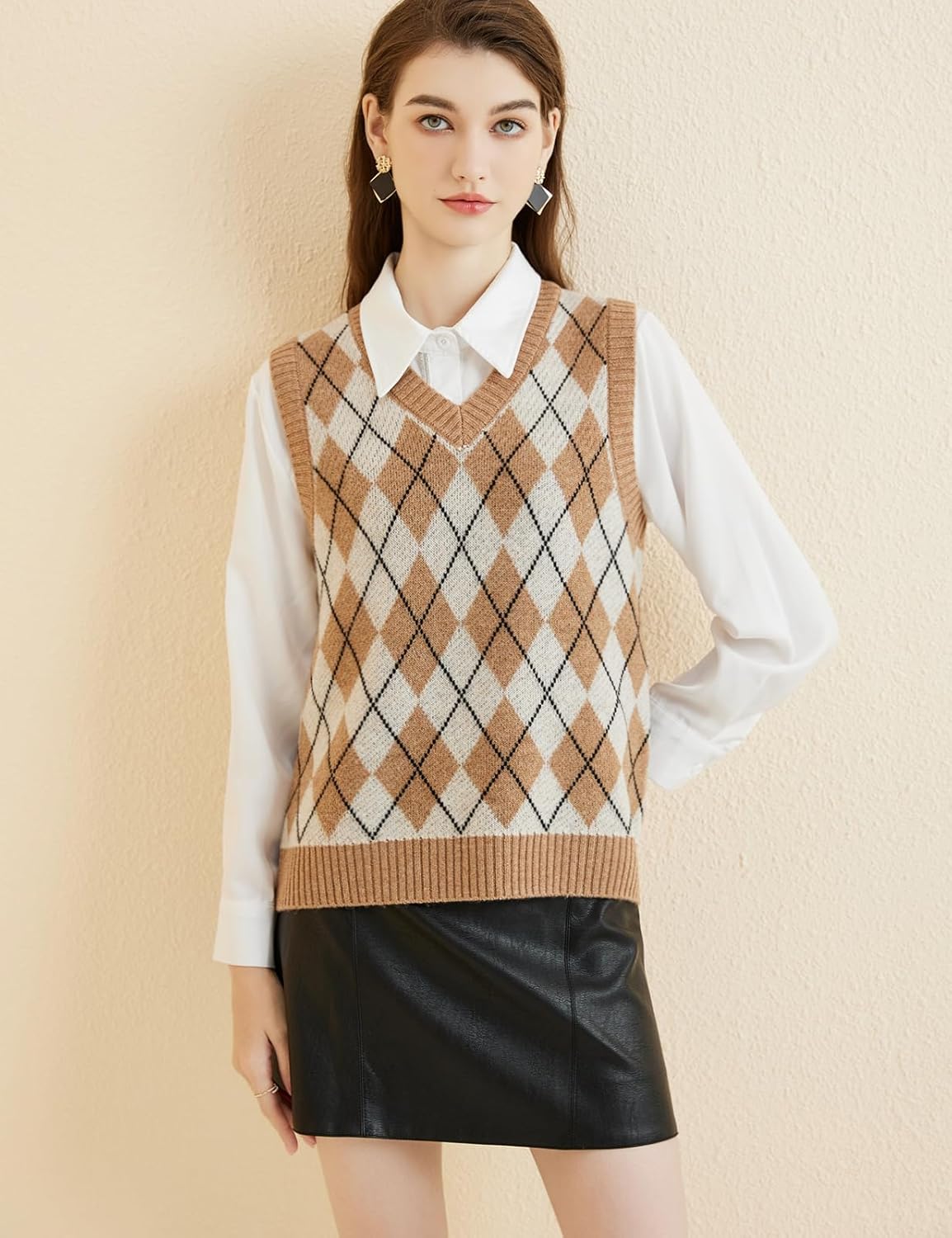 Women's 100% Merino Wool Sweater Vest 2025 Fall Winter Diamond Lattice V Neck Sleeveless Knit Sweater Vest