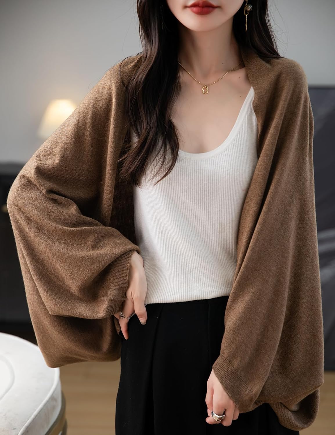 Women's Merino Wool Blend Oversized Cardigan Sweater 2025 Fall Winter Fashion Casual Batwing Sleeve Knit Cardigan