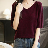 Women's V-Neck 100% Merino Wool Spring Fall Winter First-Line Ready to Wear Seamless Knit Shirt Short Sleeve Sweater