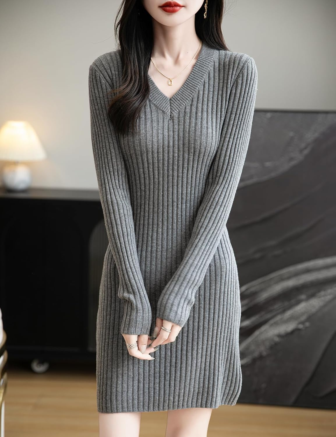 Women's Merino Wool Blend Sweater Dress Fashion 2025 Fall Winter Sexy V-Neck Slim Fit Long Sleeve Ribbed Knit Dress