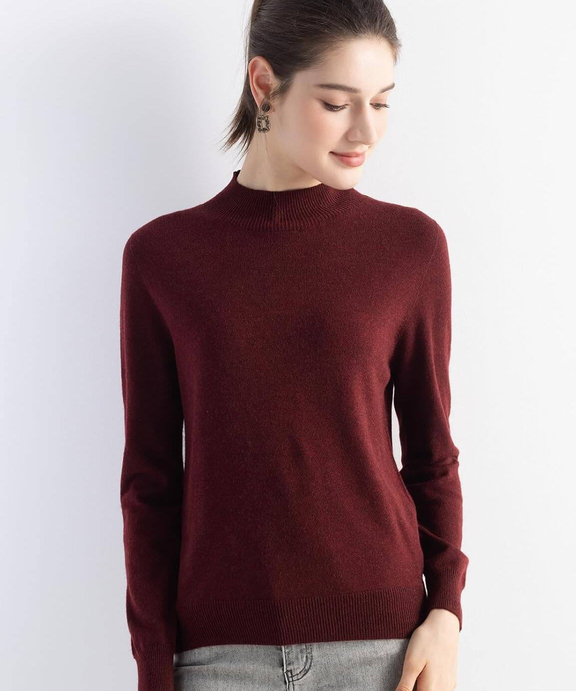 Merino Wool Mock Neck Seamless Knit Sweater