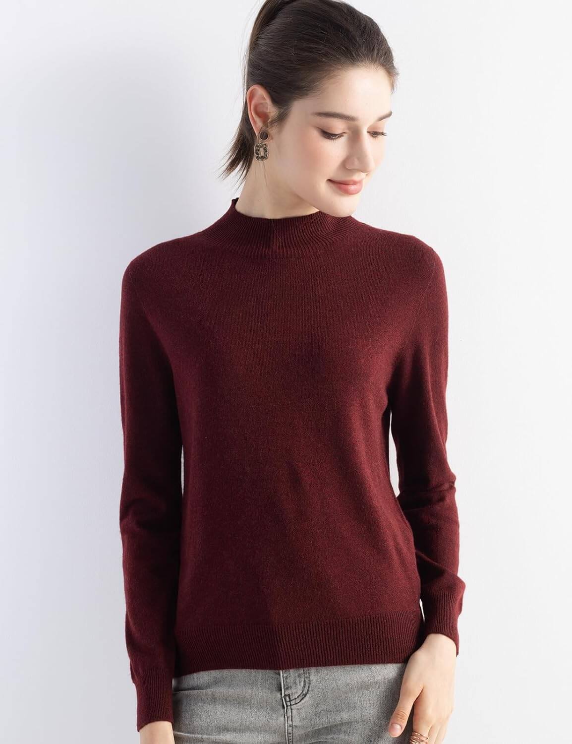 Merino Wool Blend Mock Neck Seamless Knit Sweater