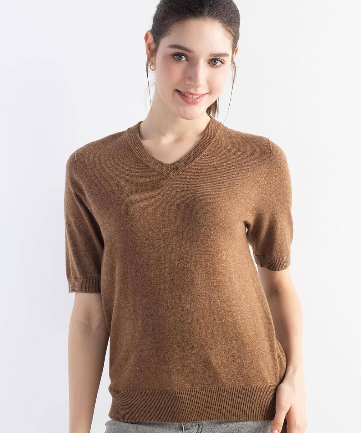 Merino Wool V-Neck Short Sleeve Seamless Knit Sweater