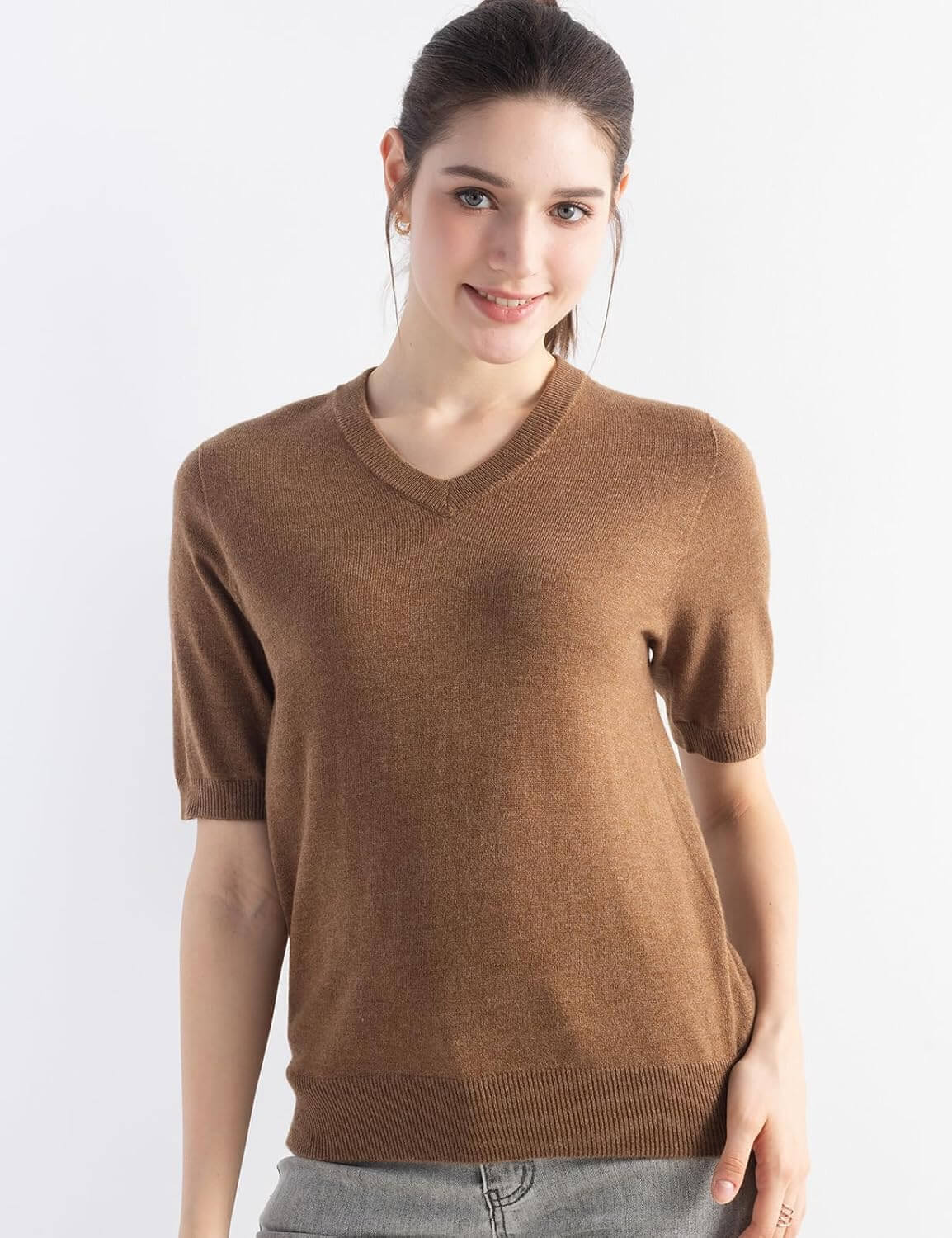Merino Wool Blend V-Neck Short Sleeve Seamless Knit Sweater