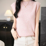 Women's 100% Merino Wool Spring Fall Winter First-Line Ready to Wear Mock Neck Seamless Knit Sleeveless Sweater Vest