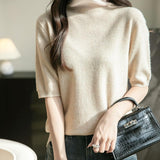 Women's Turtleneck 100% Merino Wool Spring Fall Winter First-Line Ready to Wear Seamless Knit Short Sleeve Sweater