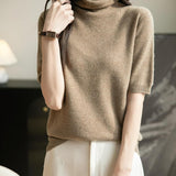 Women's Turtleneck 100% Merino Wool Spring Fall Winter First-Line Ready to Wear Seamless Knit Short Sleeve Sweater