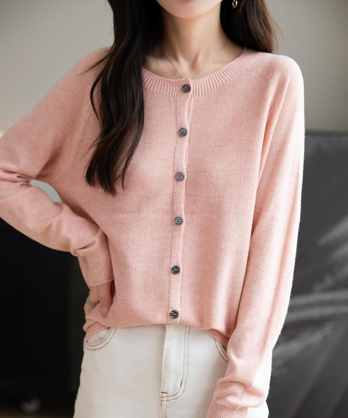 Merino Wool Seamless Crewneck Cardigan