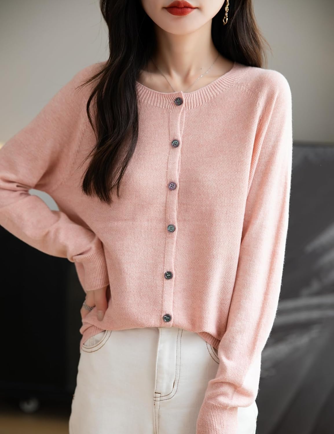 Women's Merino Wool Cardigan Crew Neck Fall Winter Long Sleeve First-Line Ready to Wear Seamless Knit Cardigan