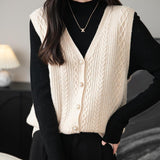 Women's 100% Merino Wool Sweater Vest 2025 Fall Winter V Neck Button Down Sleeveless Cable Knit Sweater Vest