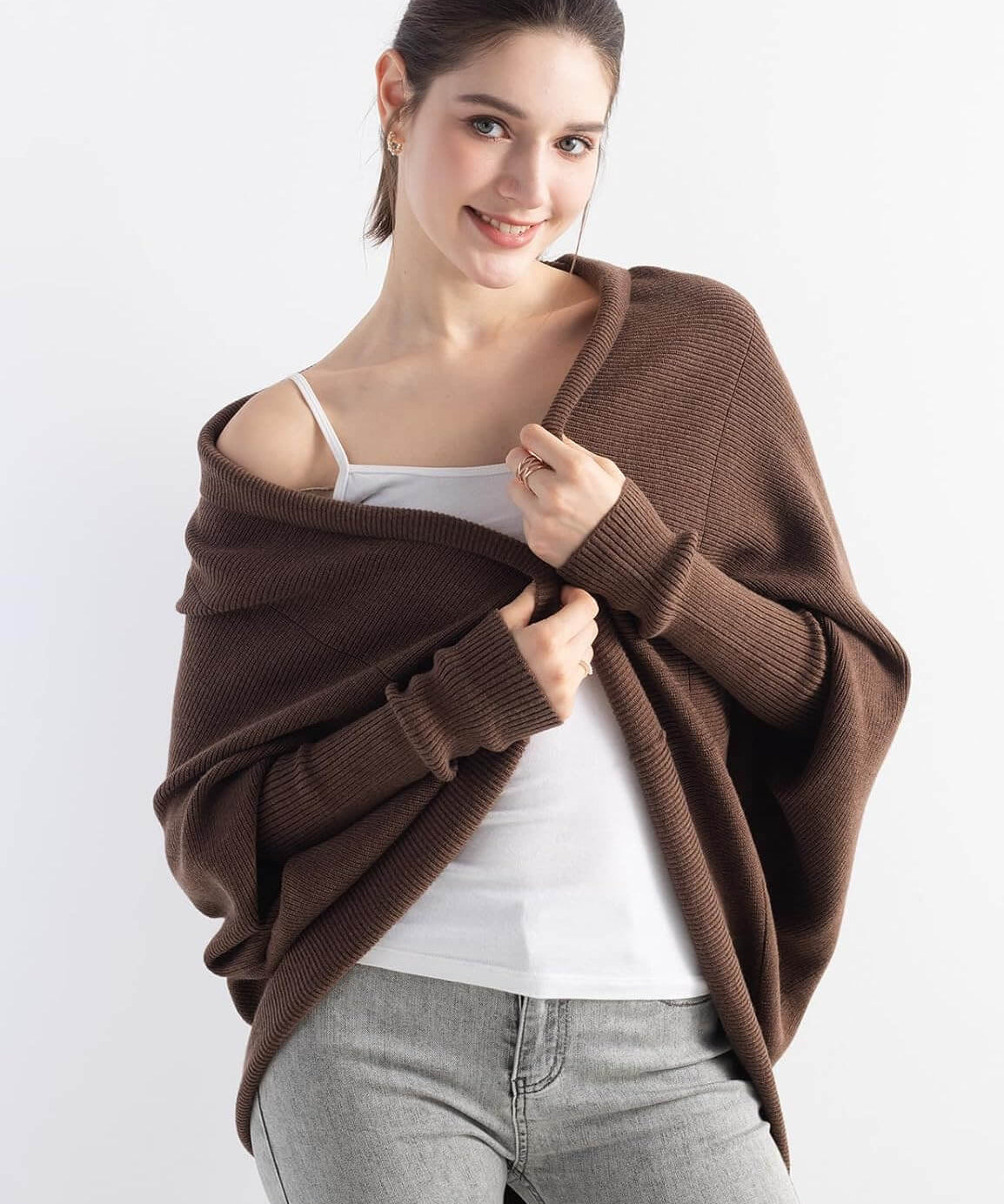 Merino Wool Oversized Batwing Rib Knit Cardigan