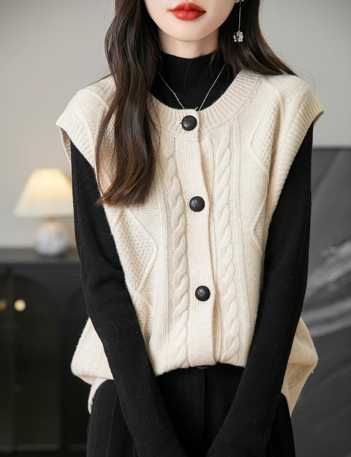Chanyarn Women's 100% Merino Wool Sweater Vest 2025 Fall Winter Crew Neck Button Down Sleeveless Cable Knitted Sweater