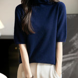 Women's Turtleneck 100% Merino Wool Spring Fall Winter First-Line Ready to Wear Seamless Knit Short Sleeve Sweater