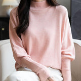 Women's Merino Wool Blend Oversized Sweater 2025 Fall Winter Fashion Mock Neck Batwing Sleeve Knit Pullover Sweater
