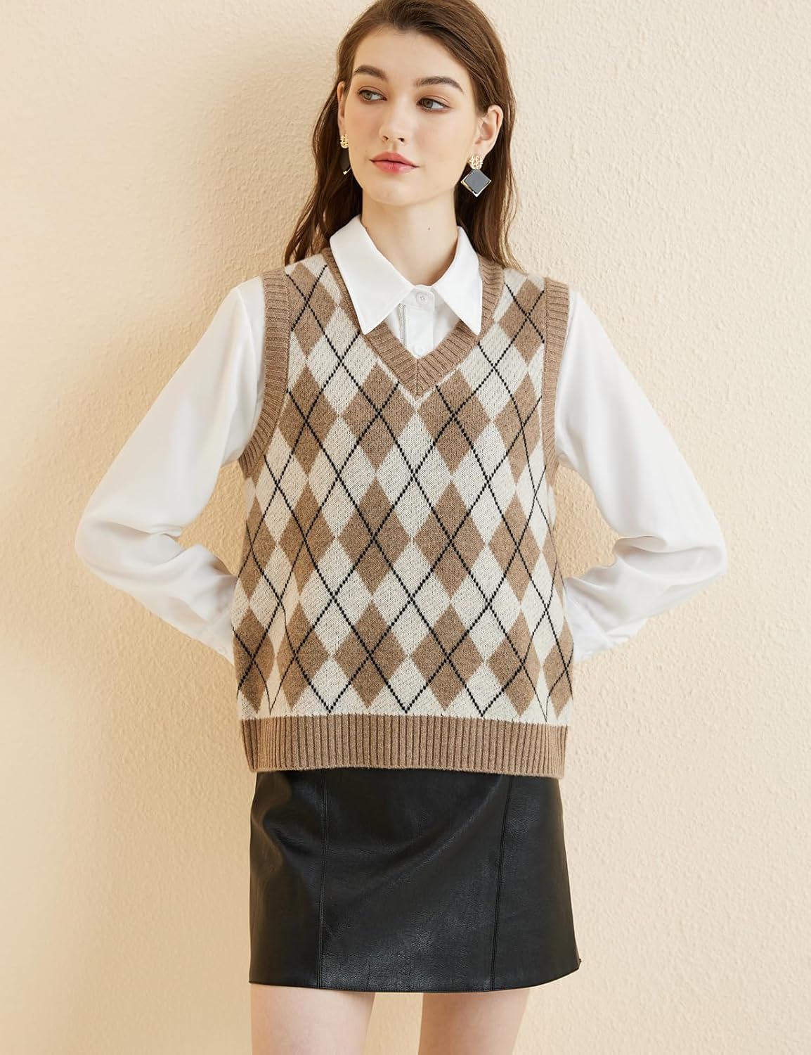 Women's 100% Merino Wool Sweater Vest 2025 Fall Winter Diamond Lattice V Neck Sleeveless Knit Sweater Vest