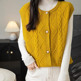 Women's 100% Merino Wool Sweater Vest 2025 Fall Winter Crew Neck Button Down Sleeveless Cable Knit Sweater Vest