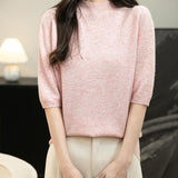 Women's 100% Merino Wool Spring Fall Winter First-Line Ready to Wear Seamless Knit Short Sleeve Mock Neck Sweater