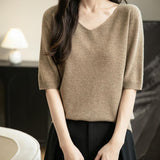 Women's V-Neck 100% Merino Wool Spring Fall Winter First-Line Ready to Wear Seamless Knit Shirt Short Sleeve Sweater