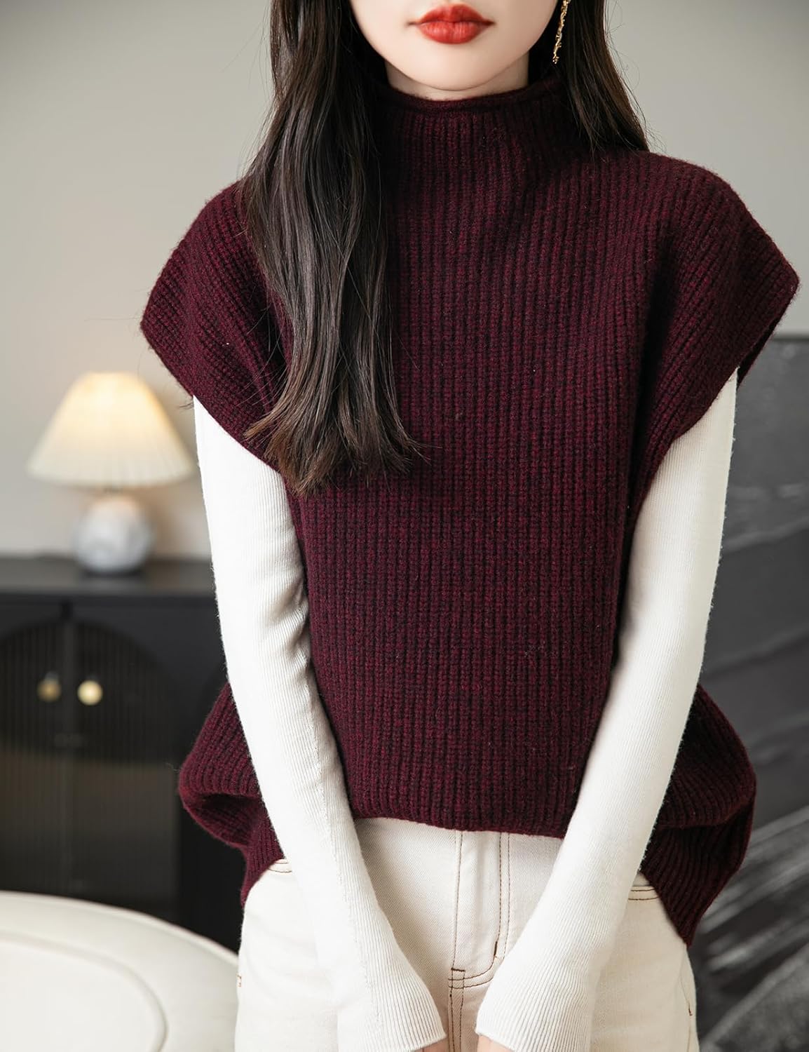 Women's 100% Merino Wool Sweater Vest 2025 Fall Winter Casual Turtleneck Sleeveless Knit Sweater Tank Tops