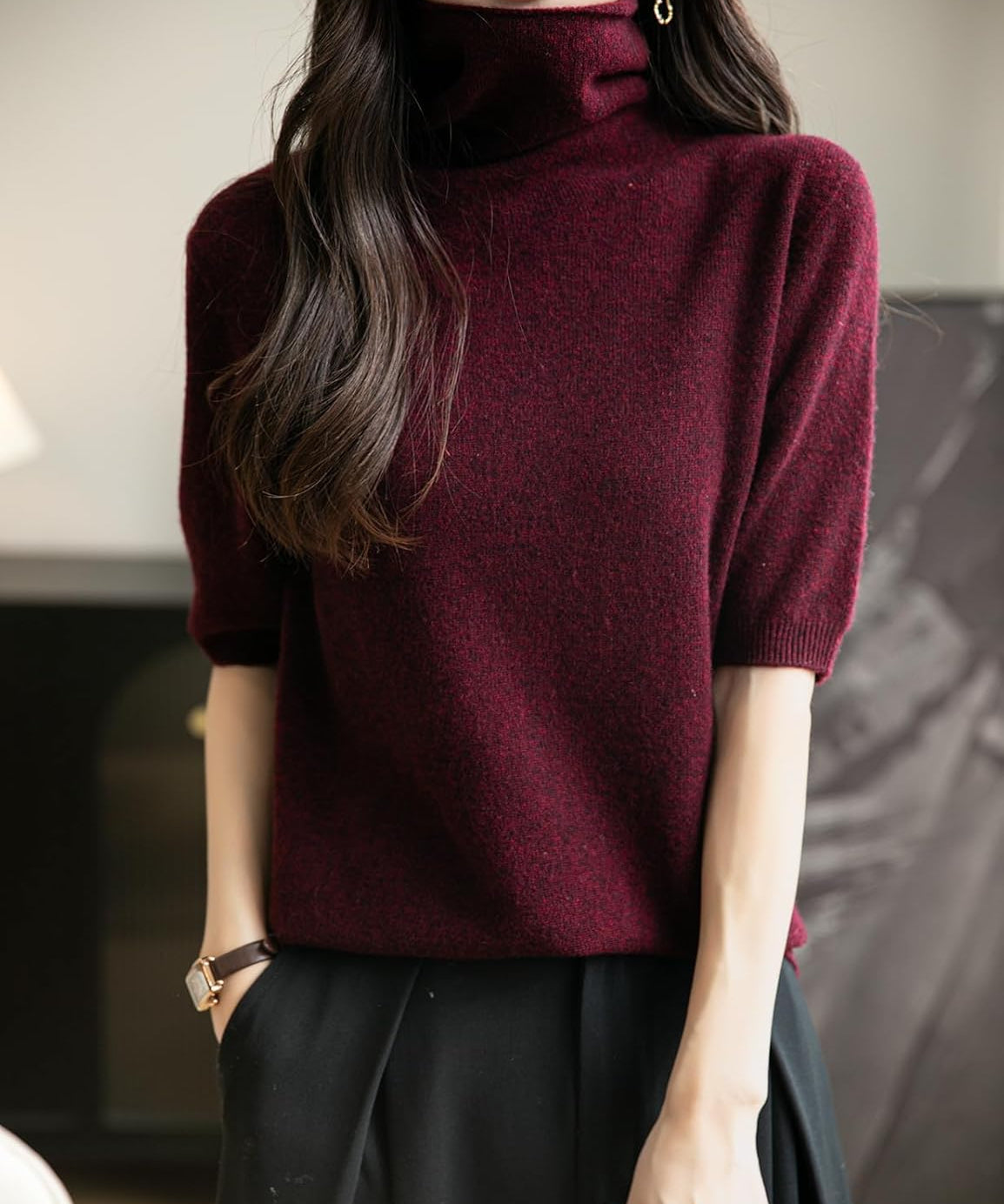100% Merino Wool Turtleneck Short Sleeve Seamless Sweater