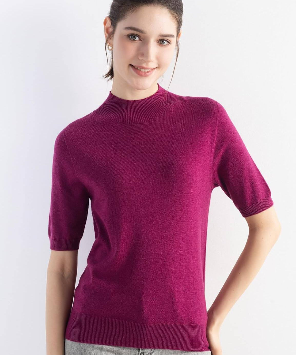 Merino Wool Mock Neck Short Sleeve Seamless Knit Sweater