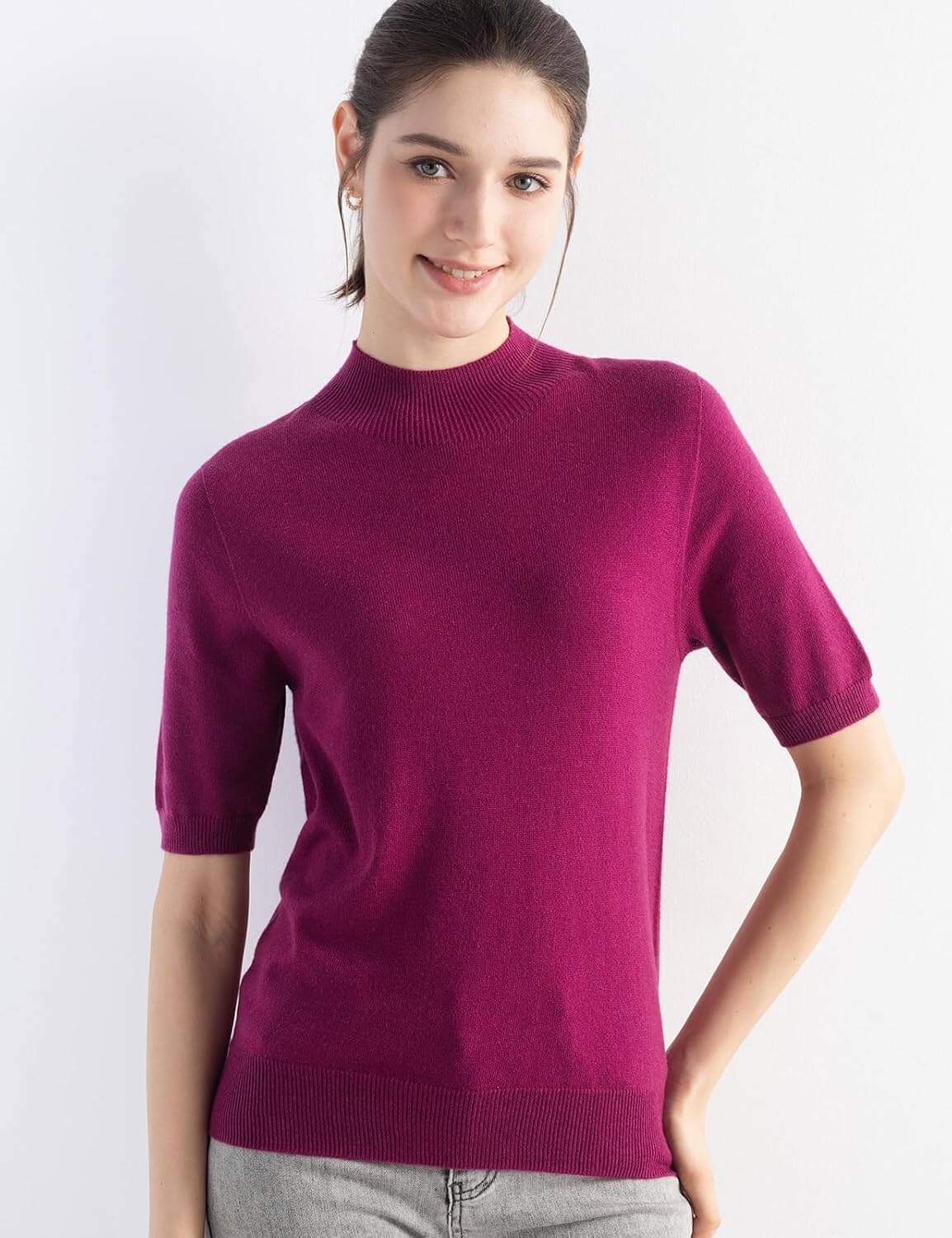 Women's Merino Wool Sweater 2025 Fall Winter Mock Neck Short Sleeve First-Line Ready to Wear Seamless Knit Sweater
