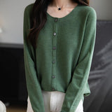 Women's Merino Wool Cardigan Crew Neck Fall Winter Long Sleeve First-Line Ready to Wear Seamless Knit Cardigan