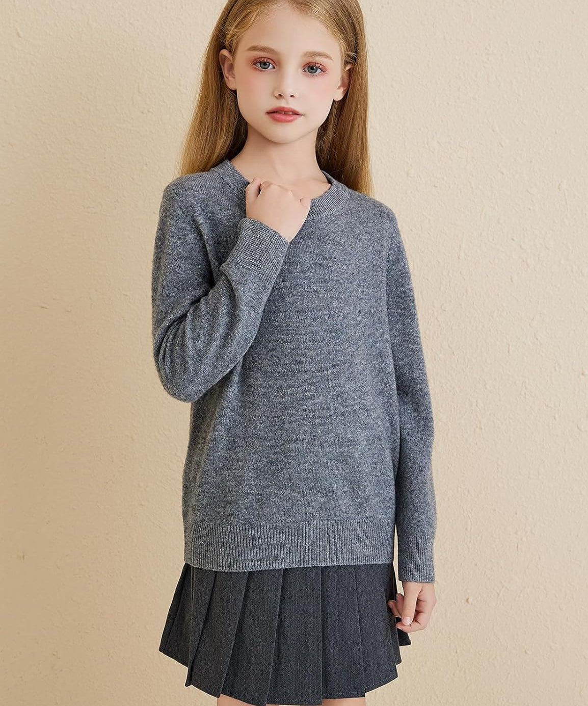 Girls 100% Merino Wool Solid Crewneck Sweater