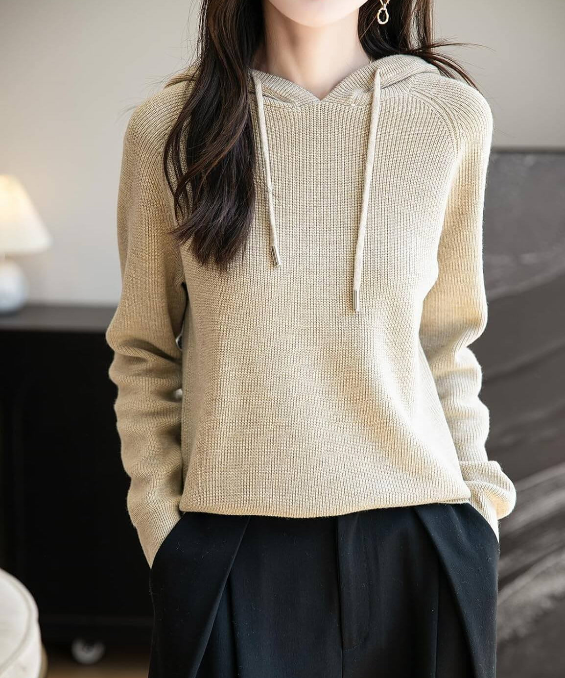 Merino Wool Crewneck Hoodie Knit Sweater