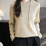 Women's Merino Wool Hoodies 2025 Fall Winter Casual Crewneck Sweatshirt Long Sleeve Knitted Sweater with Drawstring