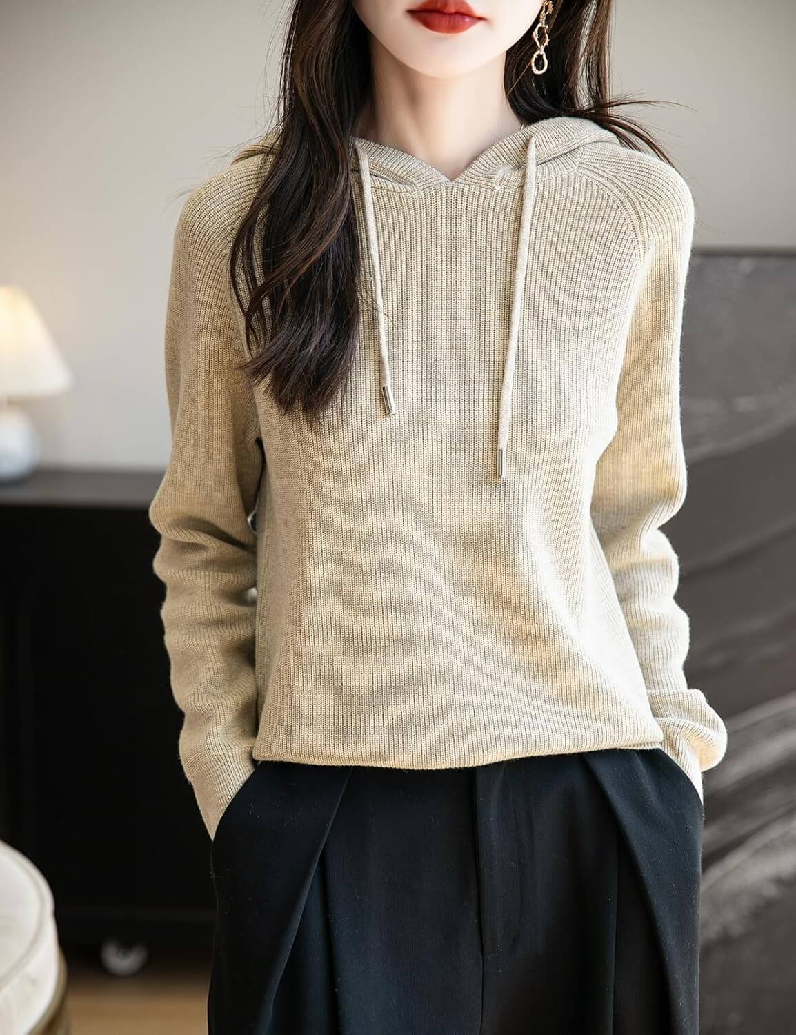 Women's Merino Wool Hoodies 2025 Fall Winter Casual Crewneck Sweatshirt Long Sleeve Knitted Sweater with Drawstring