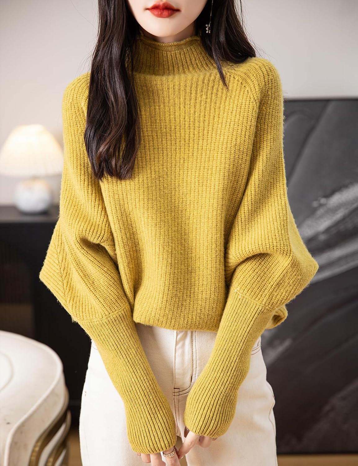 Chanyarn Women's 100% Merino Wool Sweater 2025 Fall Winter Mock Neck Oversized Long Batwing Sleeve Loose Knitted Sweater