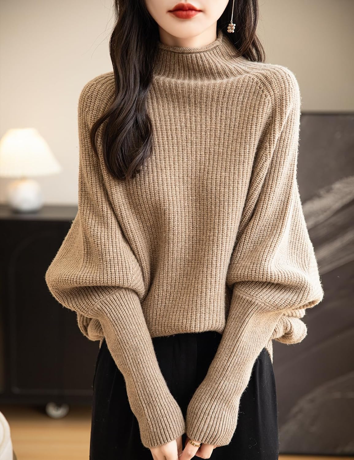 Chanyarn Women's 100% Merino Wool Sweater 2025 Fall Winter Mock Neck Oversized Long Batwing Sleeve Loose Knitted Sweater